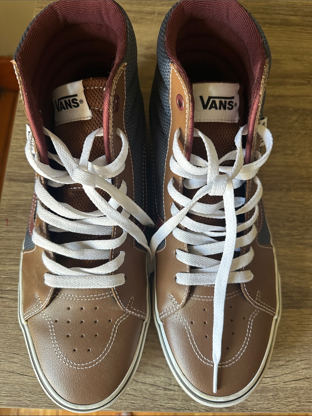 Vans Men’s Brown and Black High-Top Sneakers with White Laces
